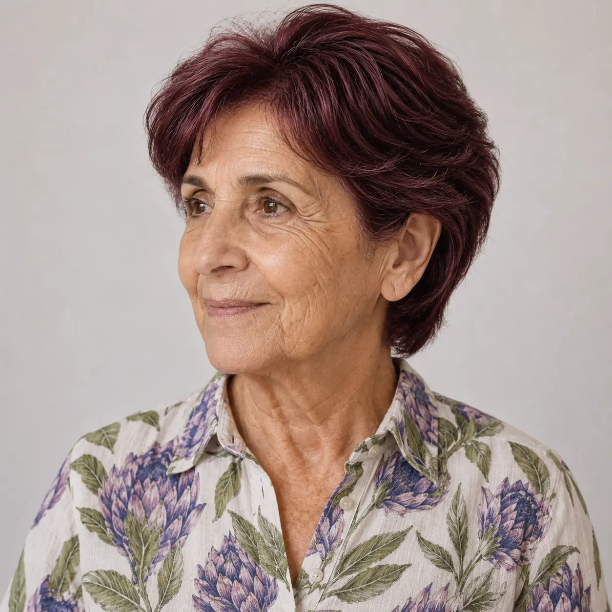 A short pixie in a rich plum-burgundy is a fun, bold color on an easy shape on a woman over 70