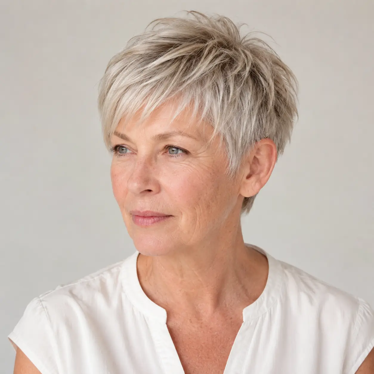 Razored Pixie with Choppy Layers on a woman over 70