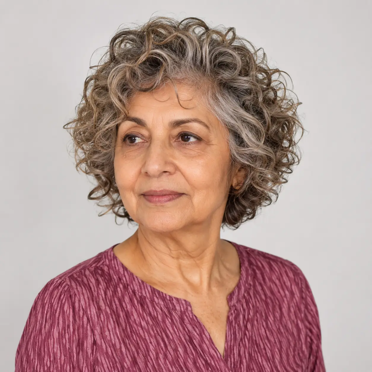 A curly bob with springy, defined curls looks full of life on a woman over 70