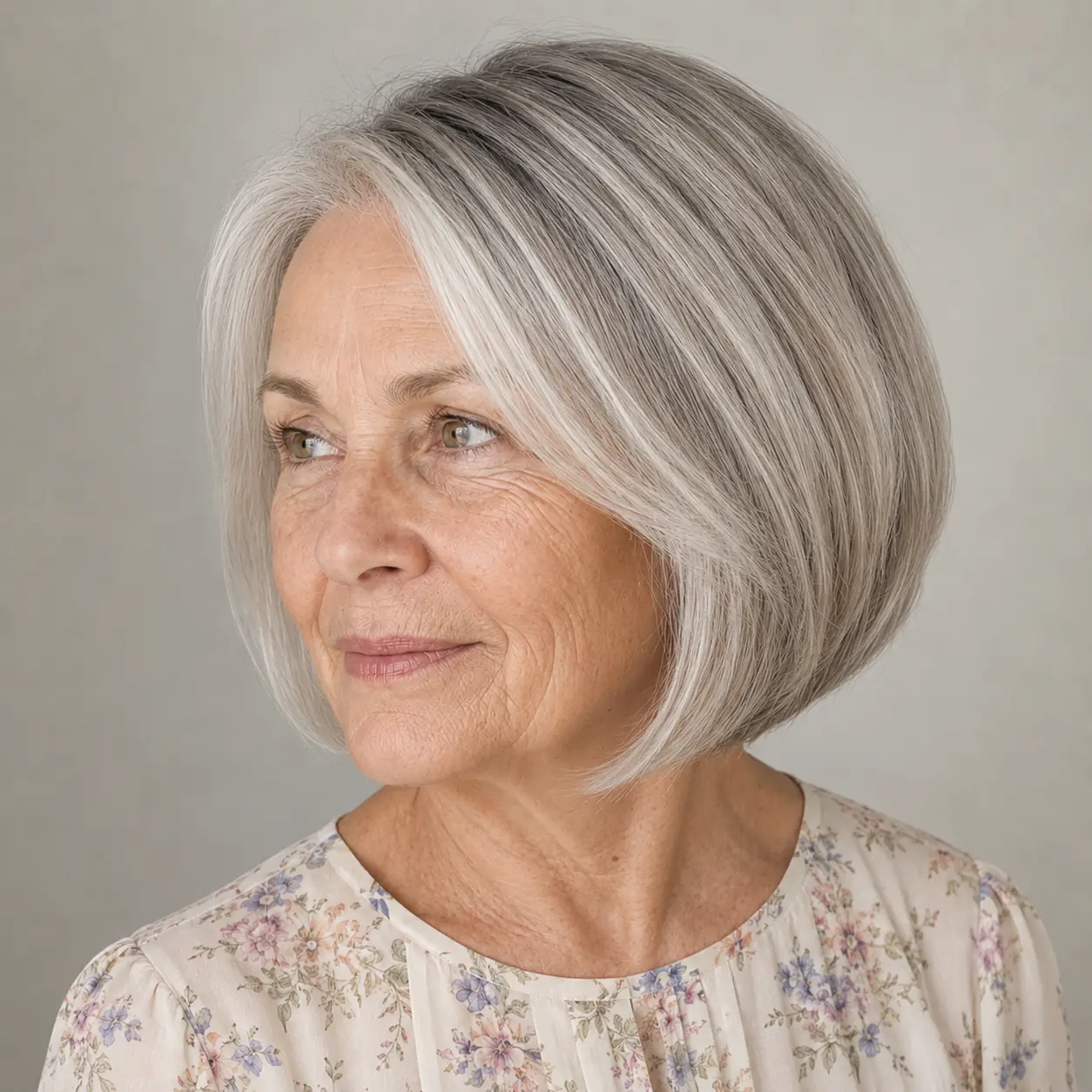A rounded chin-length bob like this feels timeless and easy to live with on a woman over 70