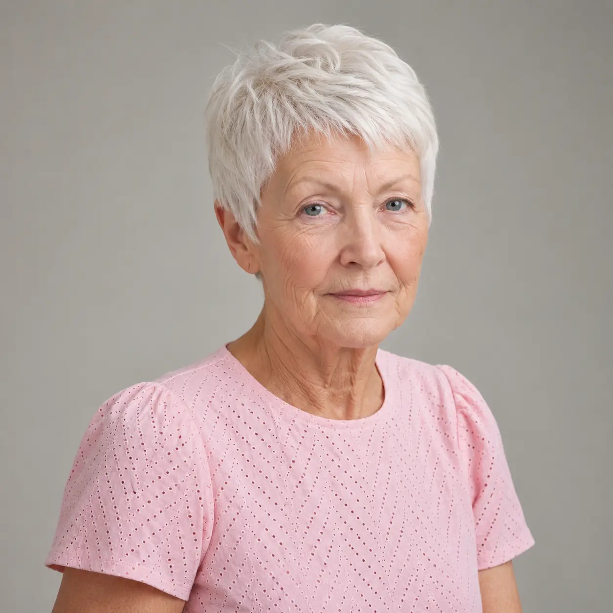 Rounded White Pixie on a woman over 70