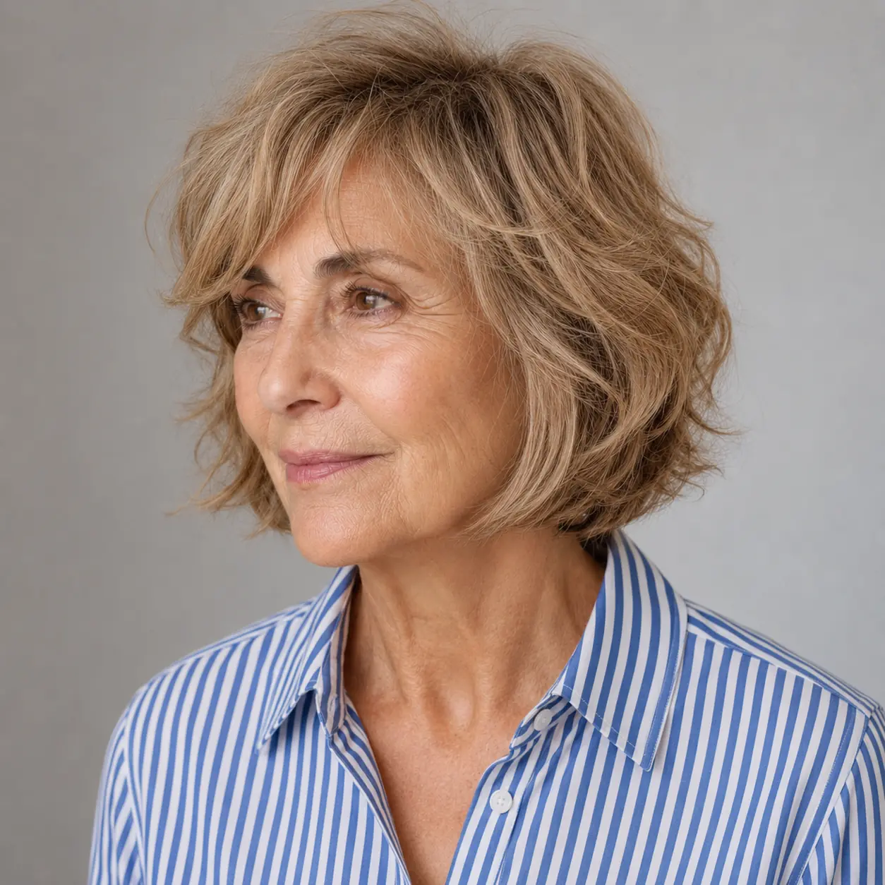 Soft shag layers and a wispy fringe give this bob easy movement and a floaty outline on a woman over 70