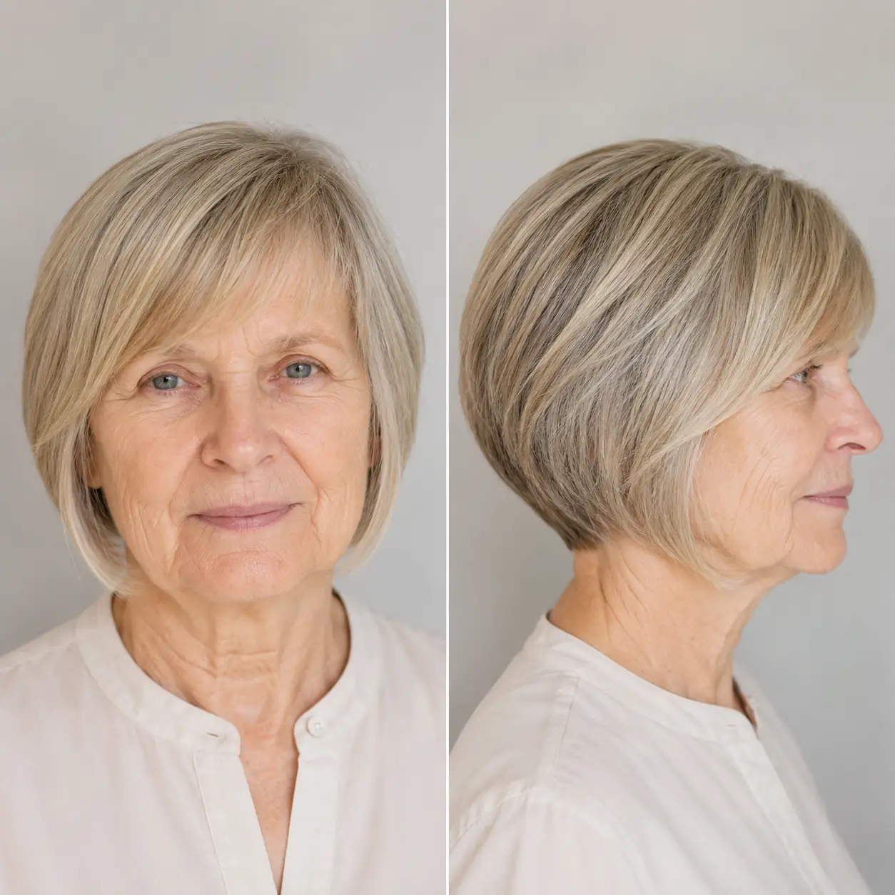 A sleek bob with a deep side part adds asymmetry that flatters rounder faces on a woman over 70