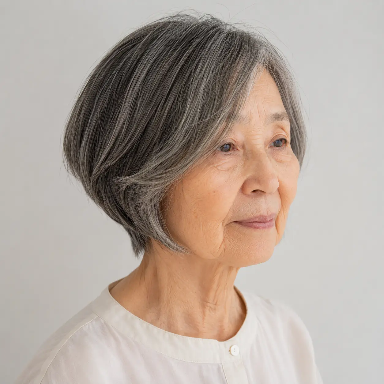 Straight hair looks stunning in sleek cuts, like this angled bob cut longer at the front on a woman over 70