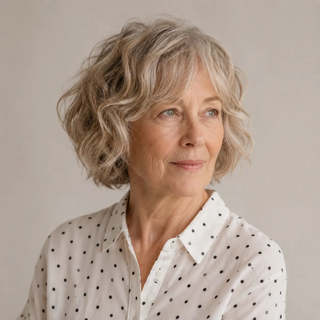 A bob full of loose waves builds body and movement throughout the length on a woman over 70