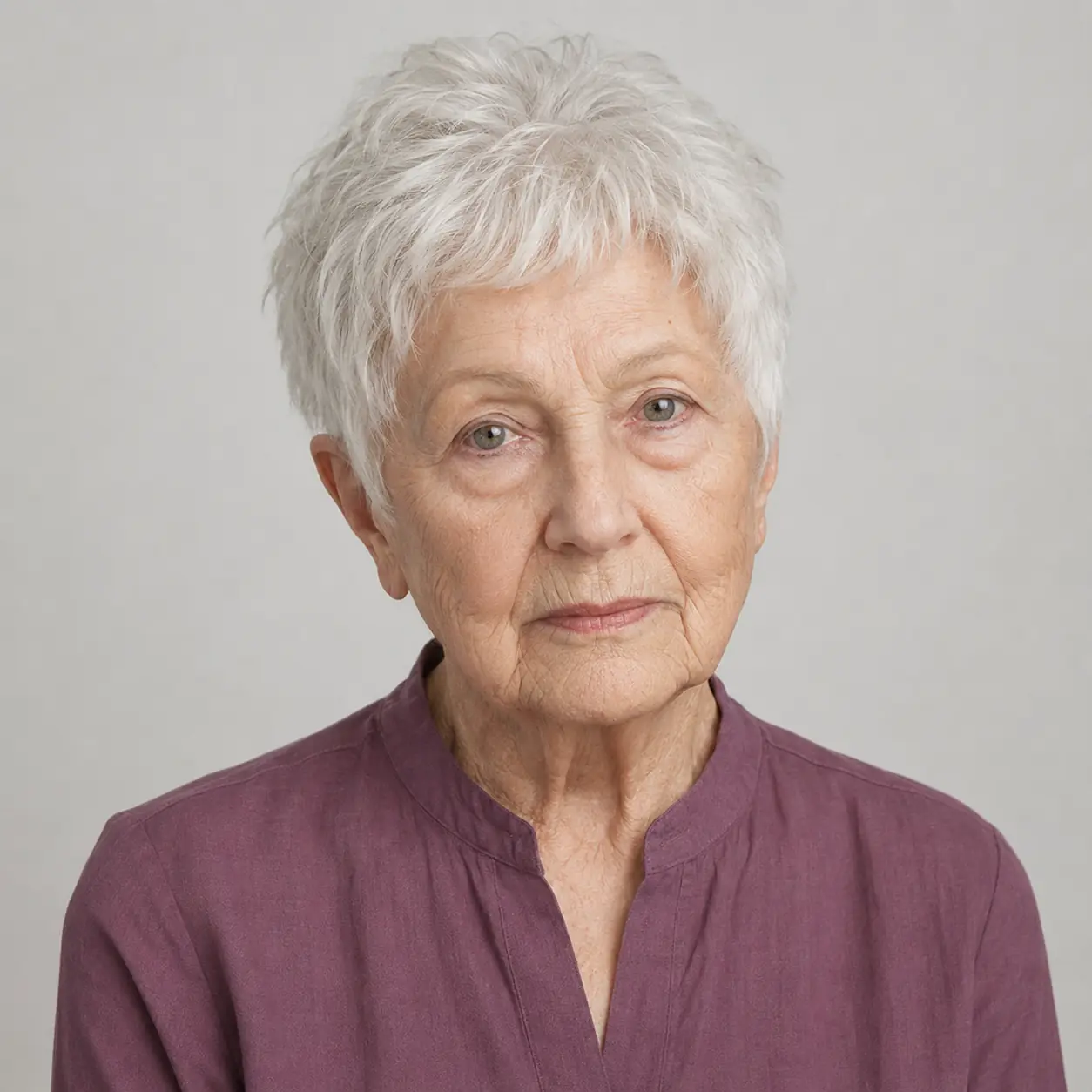 The bright silver-white tone of this pixie is its main focus on a woman over 70