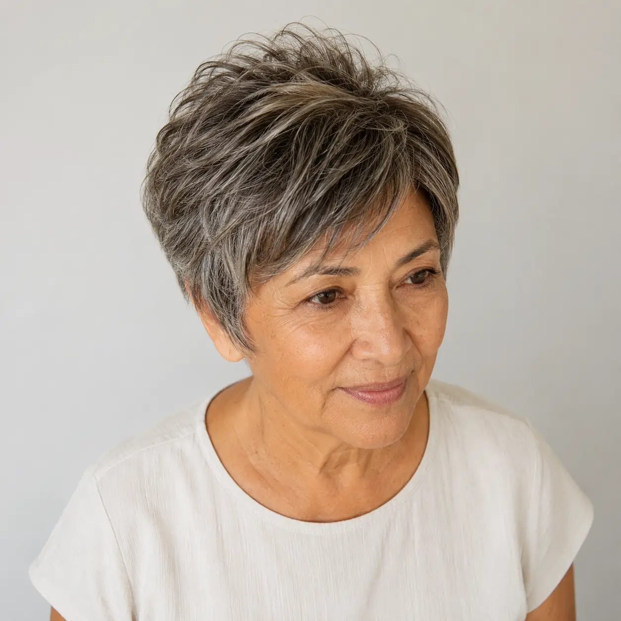 Piecey, feathered layers give this pixie height and a bit of edge at the crown on a woman over 70