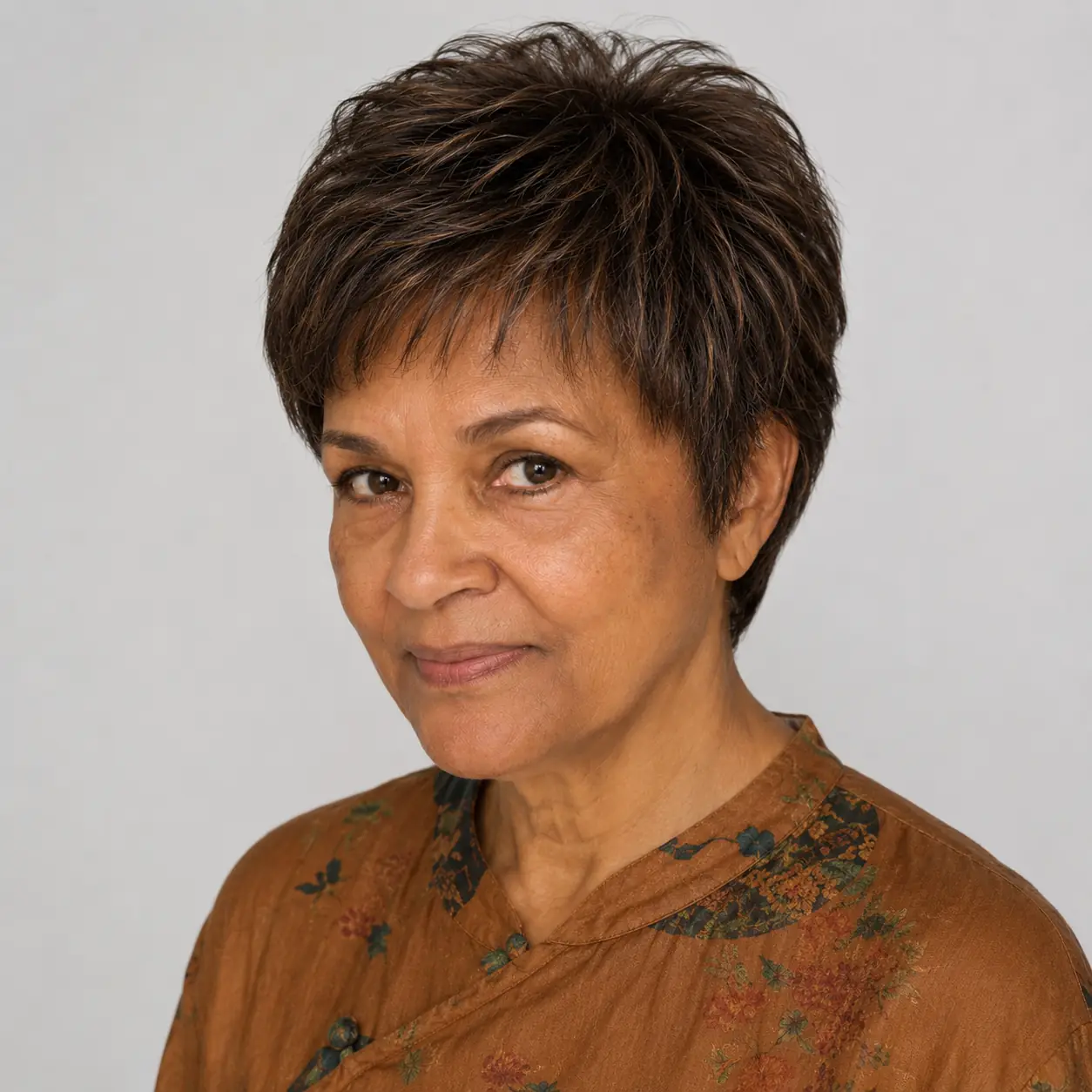 This spiky pixie has short, textured layers that create lift and a trendy shape on a woman over 70