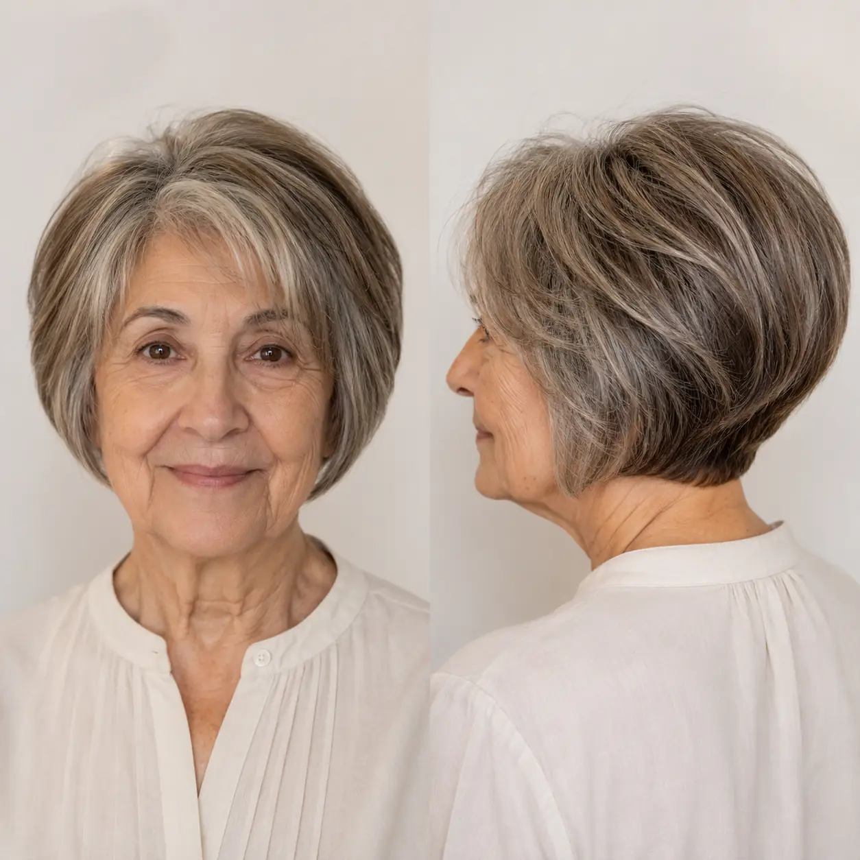 Soft highlights threaded through a gray-brown stacked bob bring in dimension and the look of fuller hair