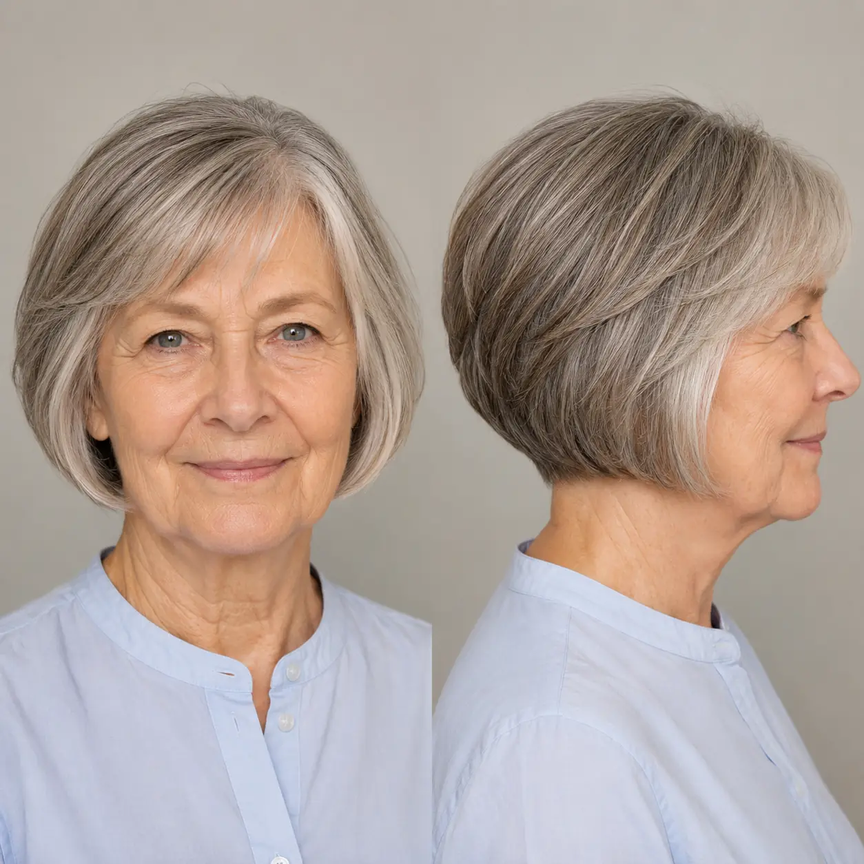This silver bob stacked and lifted at the crown builds full, rounded volume where mature hair needs it