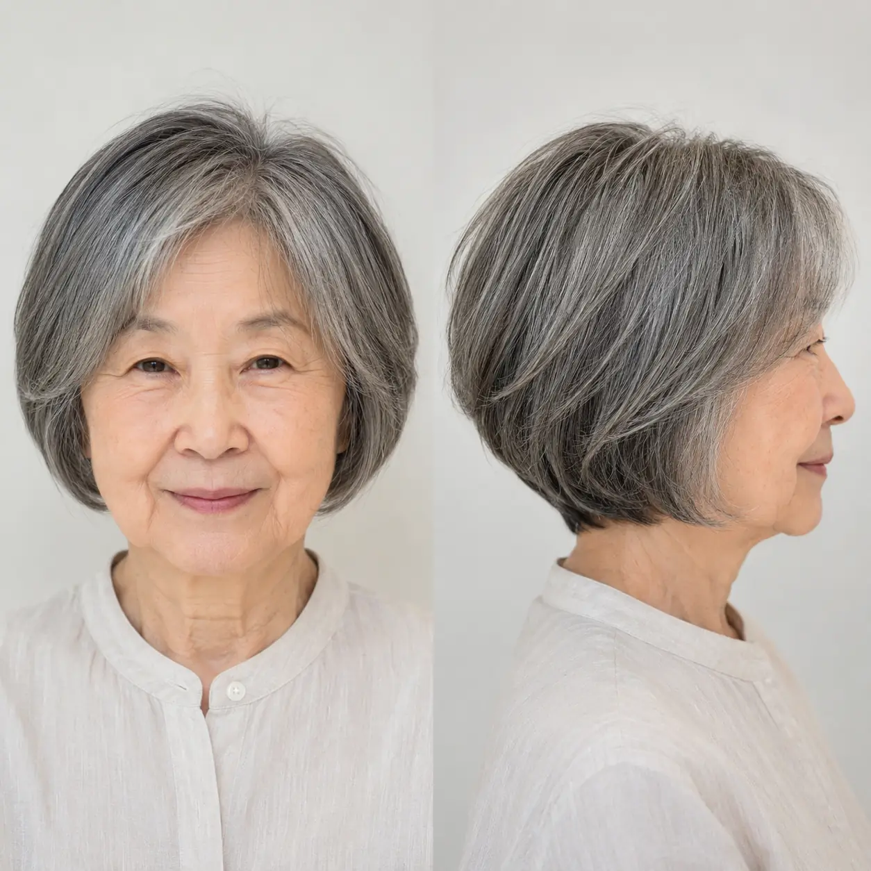 A clean, straight bob with a side part keeps things simple and elegant on a woman over 70