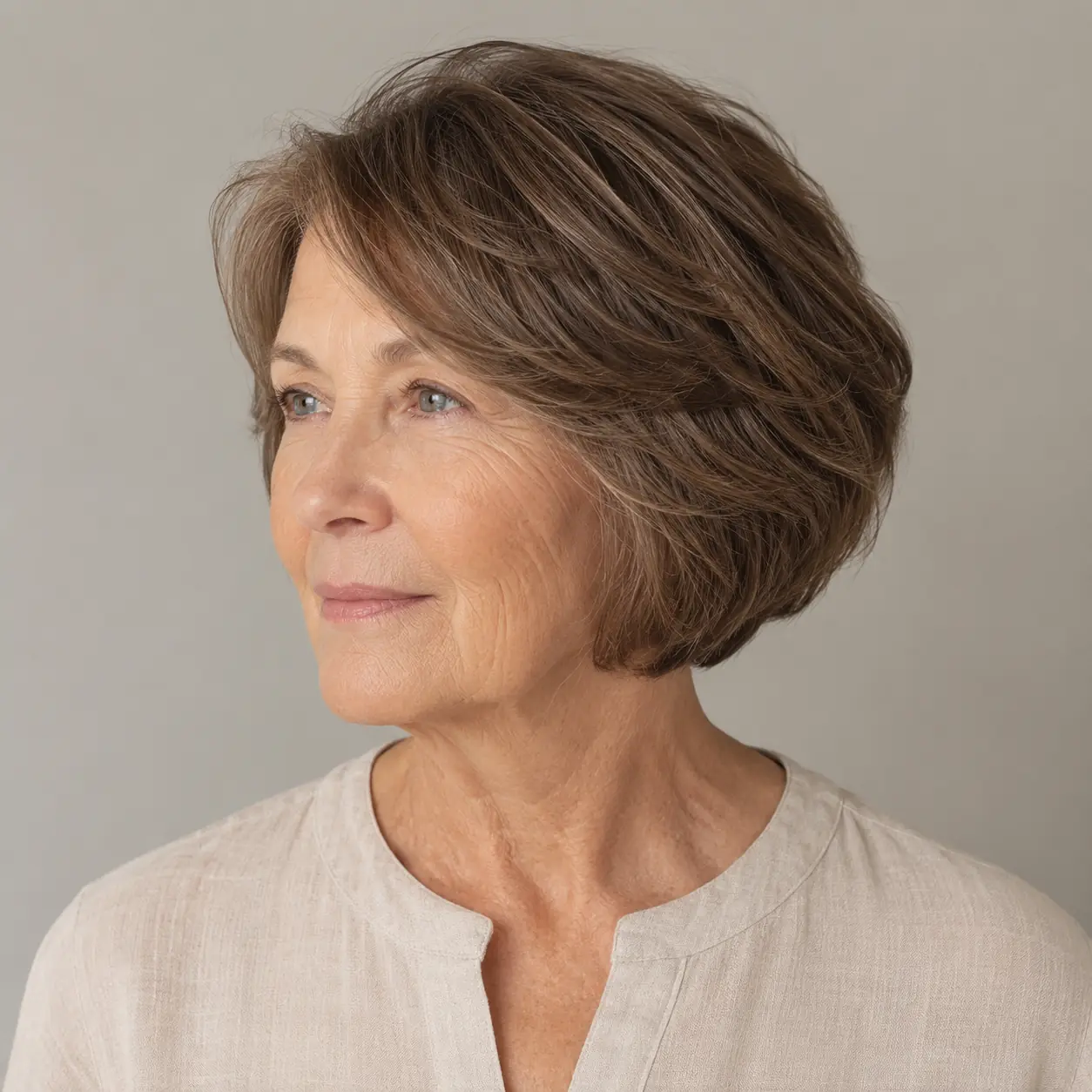The shorter top layers of this side-swept style have two missions: they build additional volume and give the cut a lightweight feel thanks to the