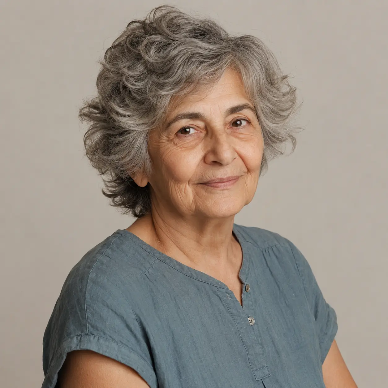 A pixie-bob full of natural curl builds body and volume all around on a woman over 70