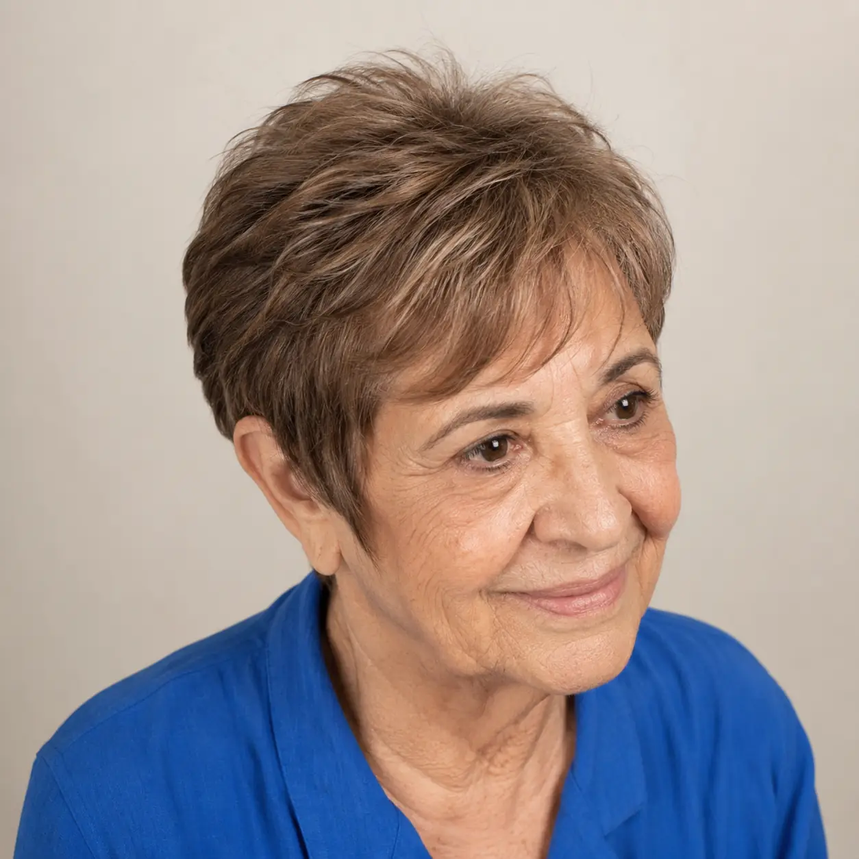 A feathered pixie in warm light brown looks gentle and youthful on a woman over 70