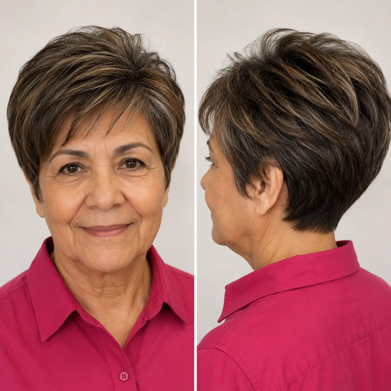 A textured pixie in warm brown keeps this cut modern and full of movement on a woman over 70