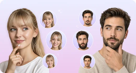 Woman and man surrounded by AI previews with bangs, beard and styling variations