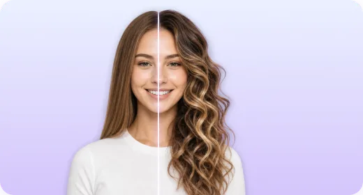 Straight and wavy hair side by side on the same woman, next to the AI hair quiz