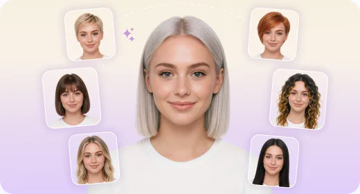 Woman surrounded by six AI previews of her in different haircuts and hair colors