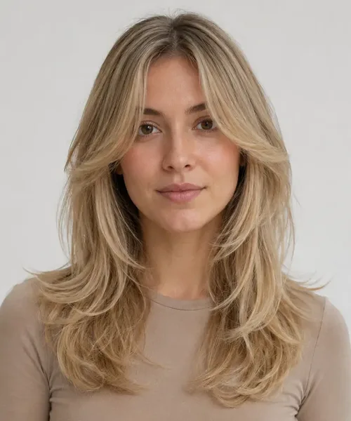 Blonde Layers with Curtain Bangs