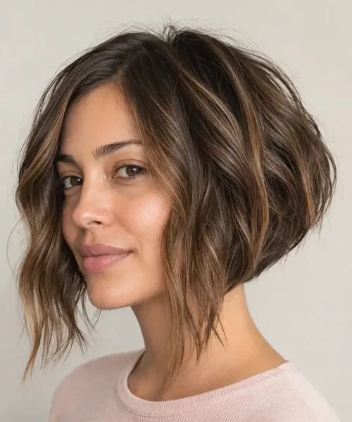 Choppy Brunette Wavy Bob
