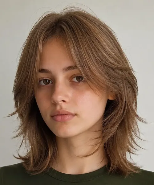Bronde Shag Lob with Curtain Bangs