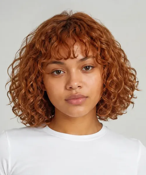 Copper Curly Bob with Bangs